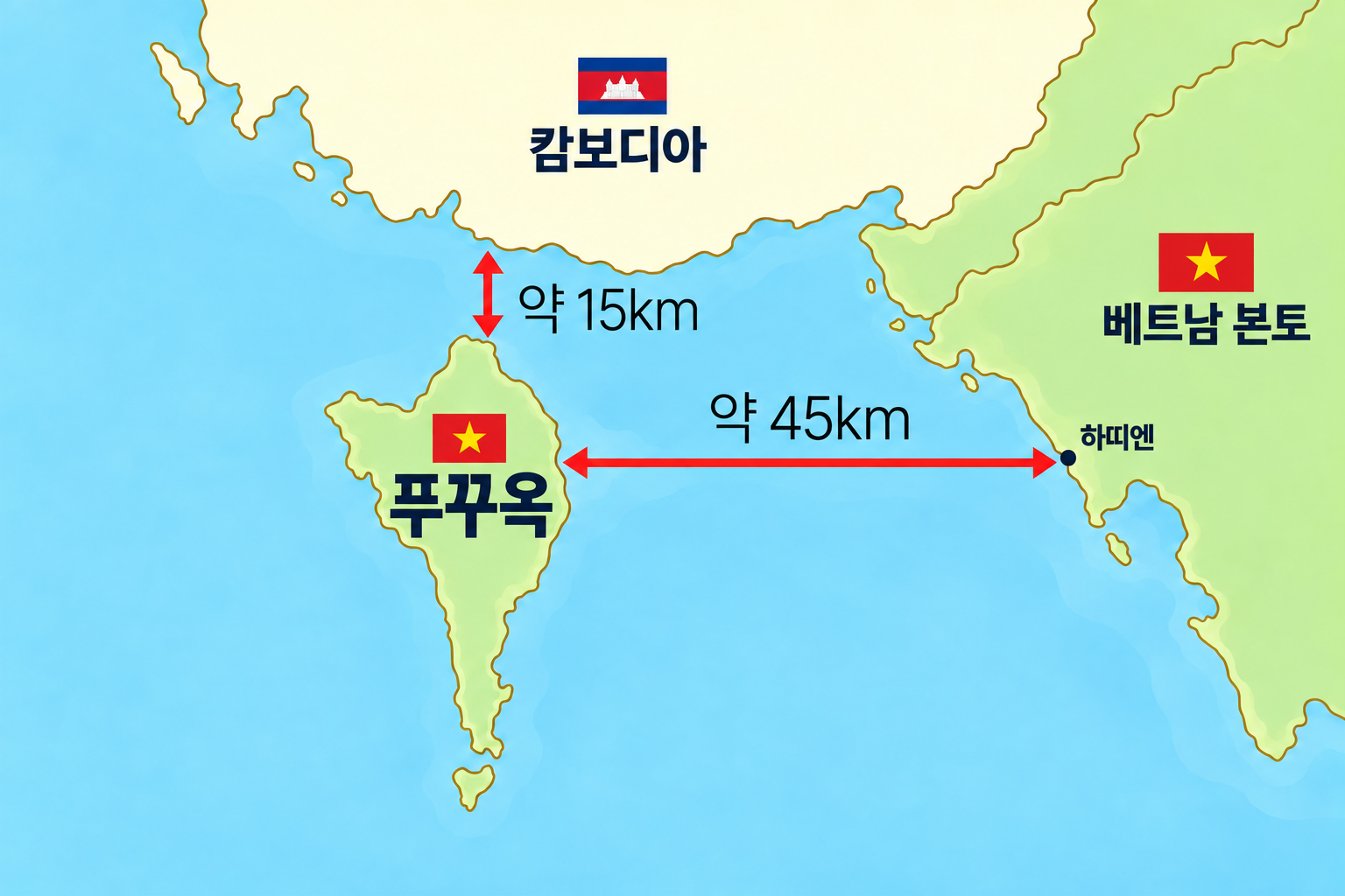 캄보디아와 베트남 본토 사이에 있는 푸꾸옥의 위치