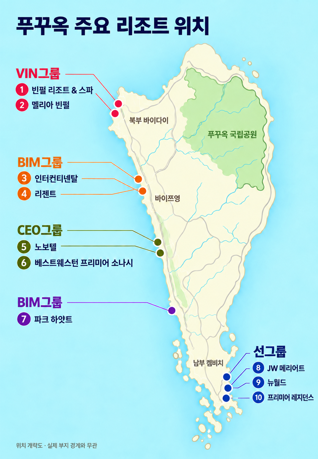 푸꾸옥 주요 리조트와 개발사별 위치